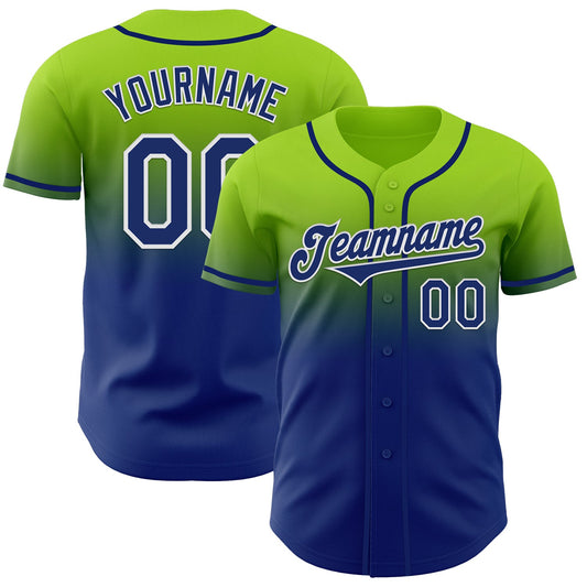 Custom Neon Green Royal-White Authentic Fade Fashion Baseball Jersey - Main View