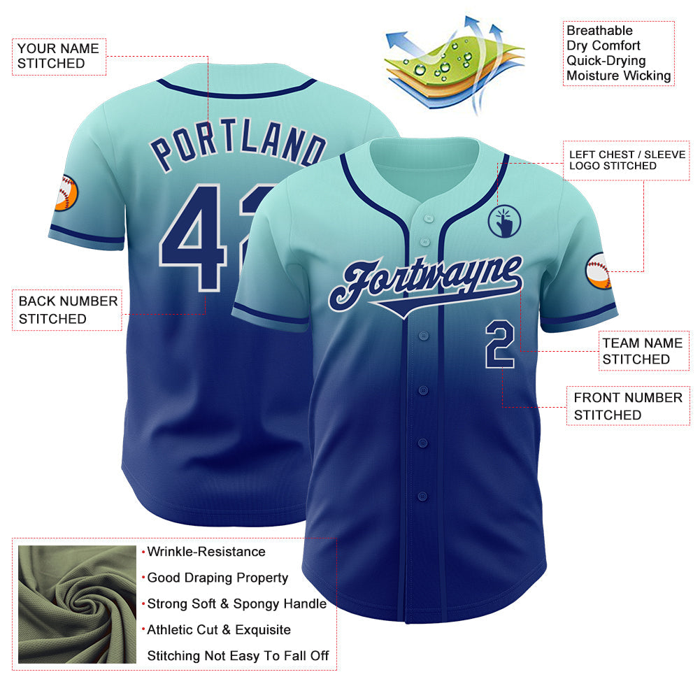 Custom Ice Blue Royal-White Authentic Fade Fashion Baseball Jersey view 3
