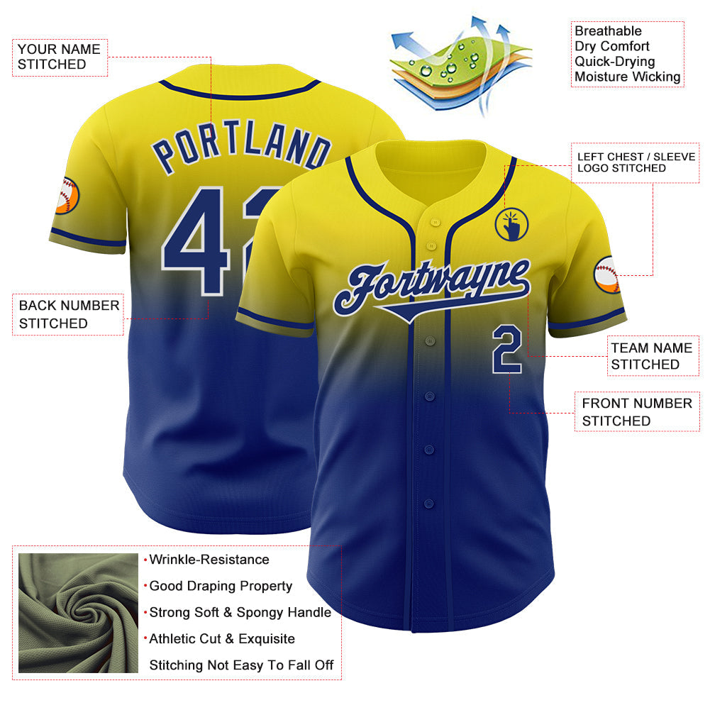 Custom Light Yellow Royal-White Authentic Fade Fashion Baseball Jersey view 3