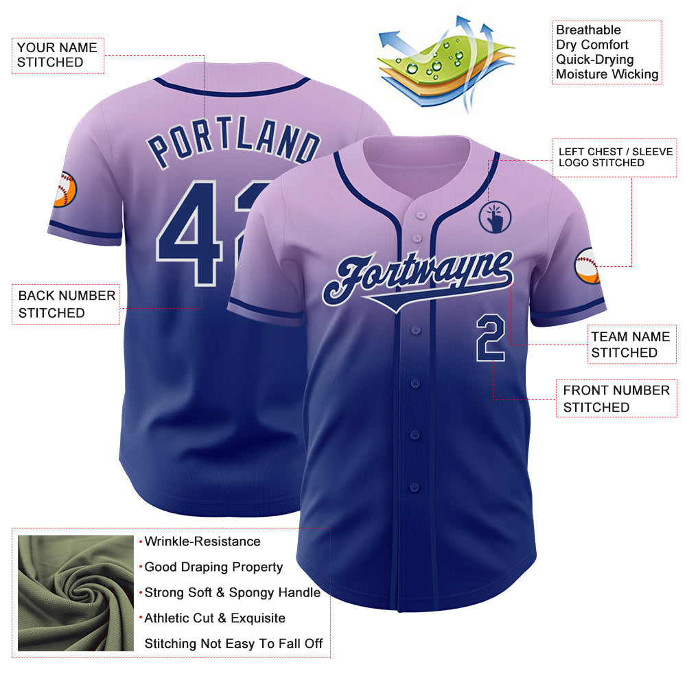 Custom Light Purple Royal-White Authentic Fade Fashion Baseball Jersey view 3
