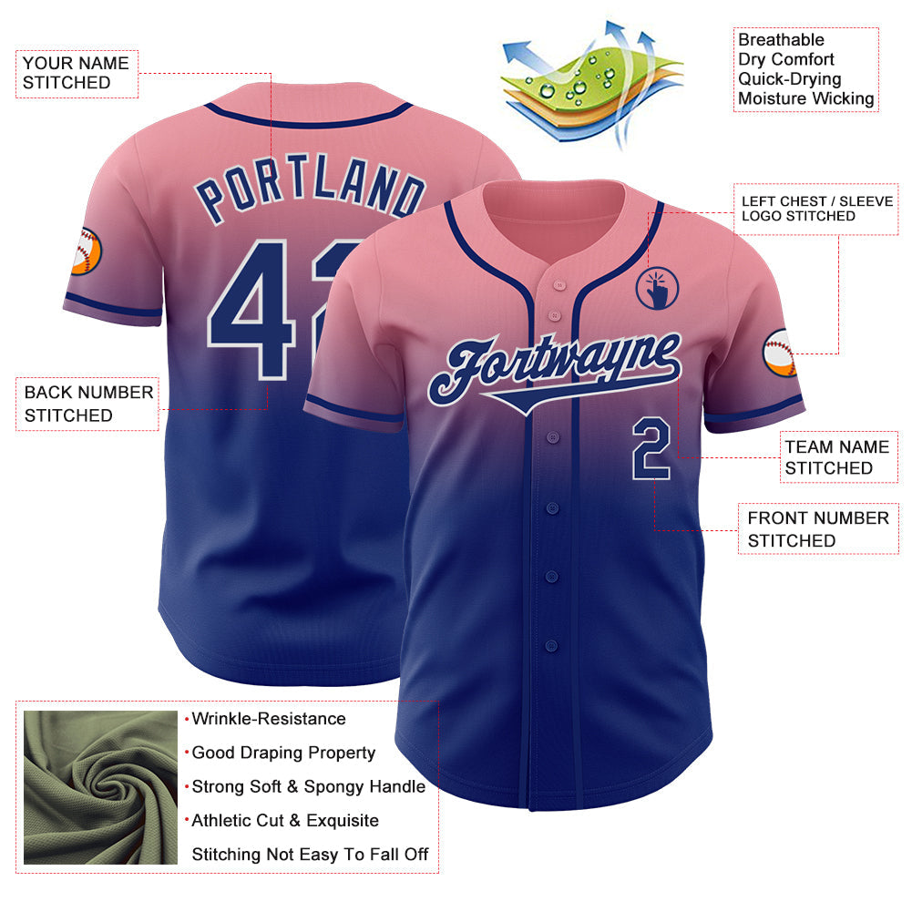 Custom Medium Pink Royal-White Authentic Fade Fashion Baseball Jersey view 3
