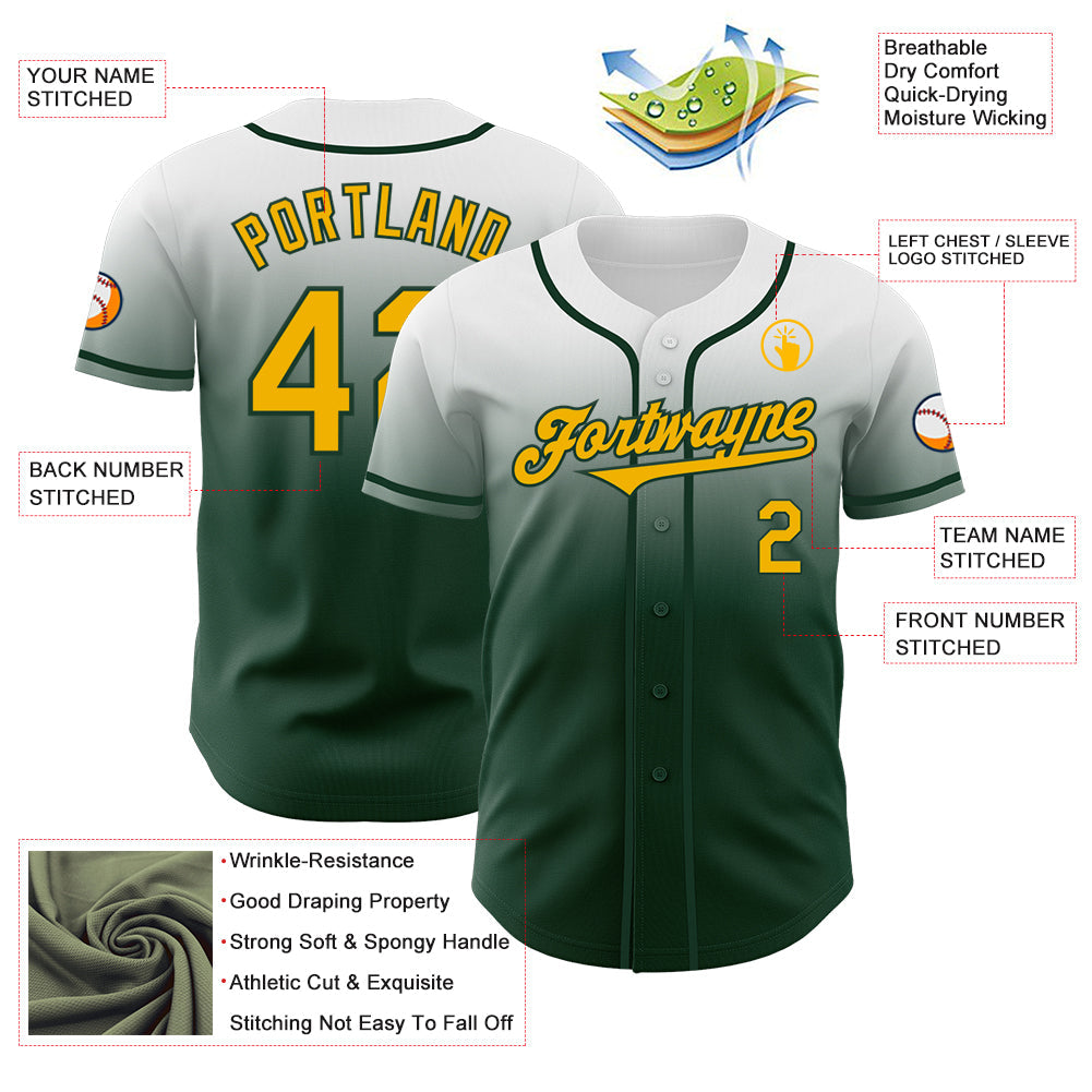 Custom White Gold-Green Authentic Fade Fashion Baseball Jersey view 3