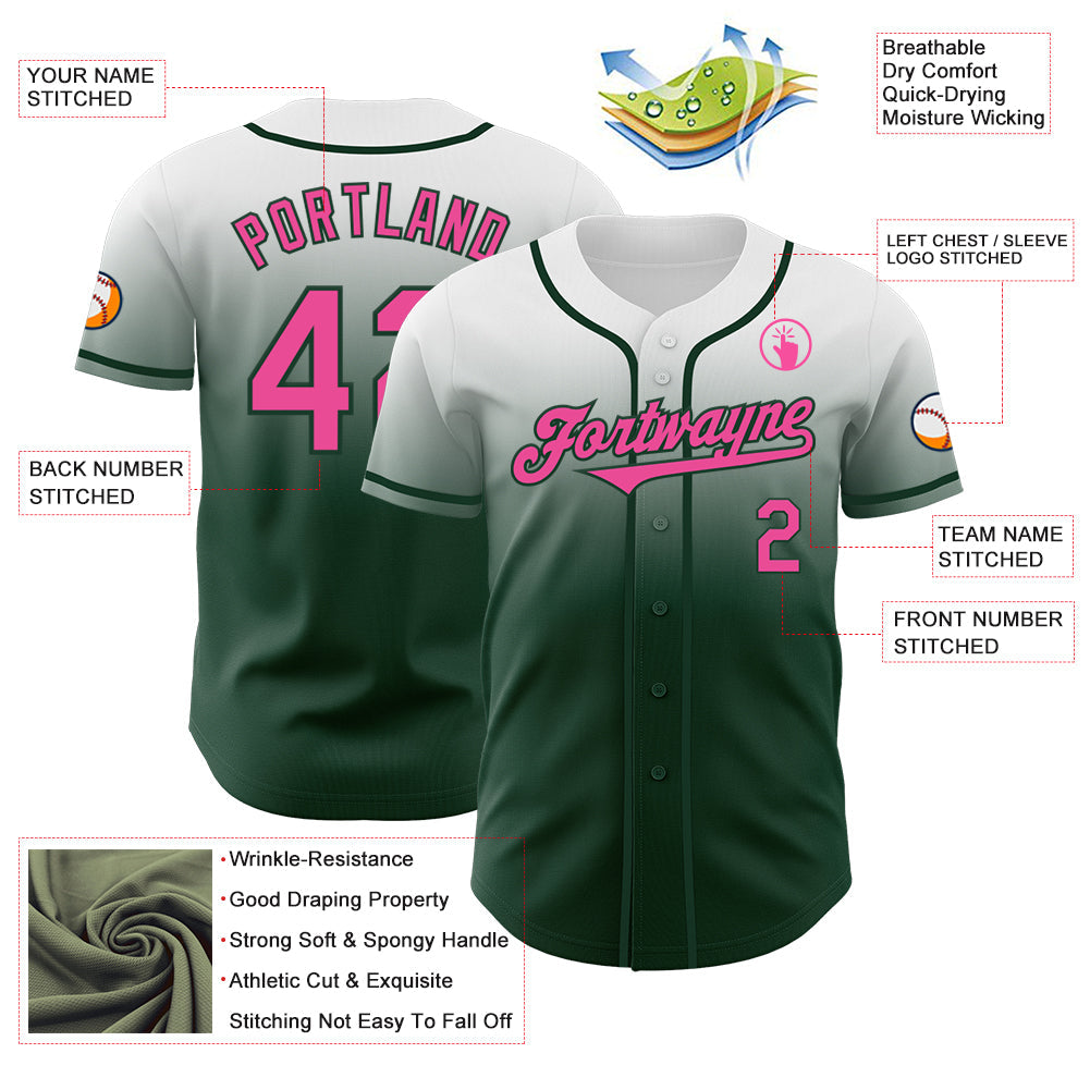 Custom White Pink-Green Authentic Fade Fashion Baseball Jersey view 3