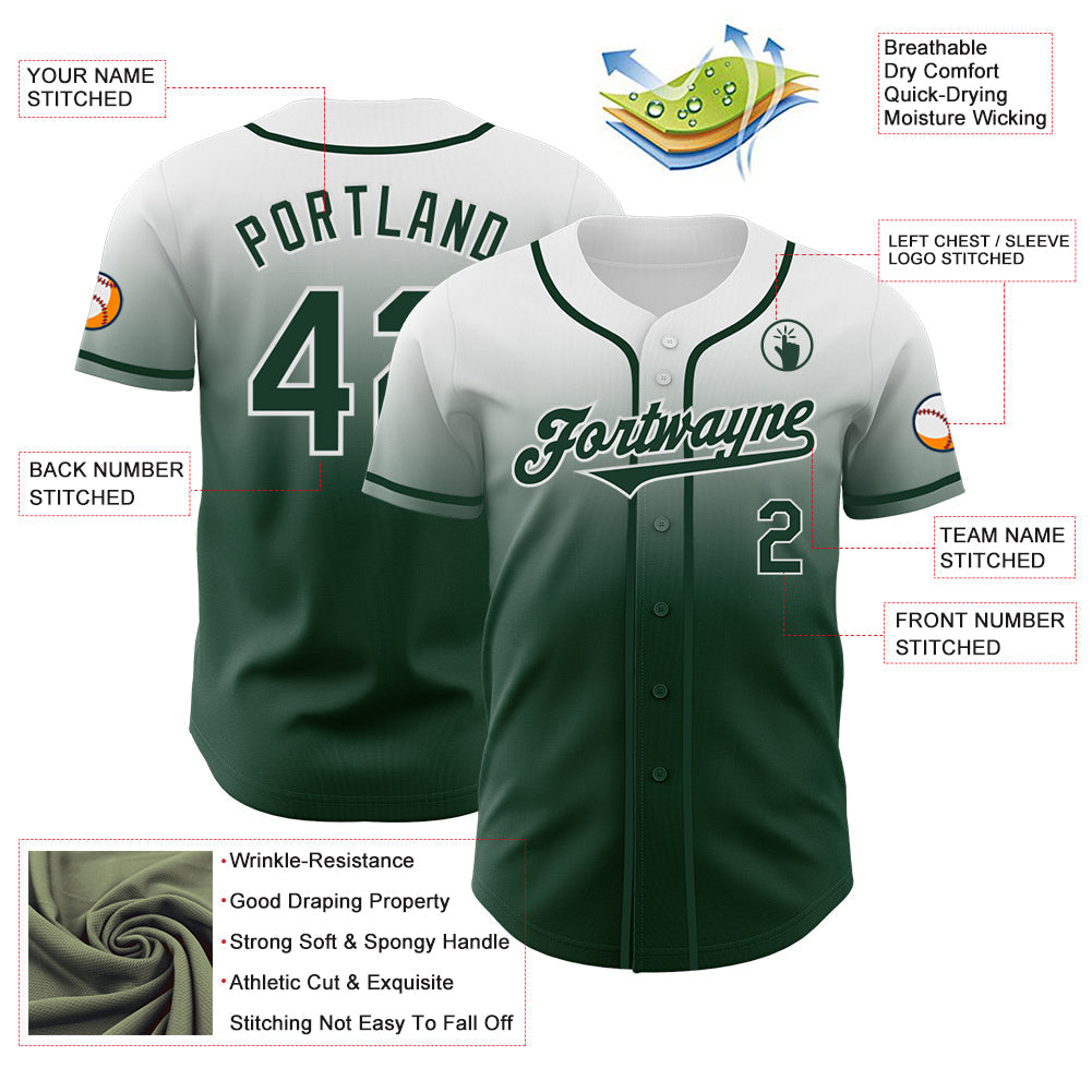 Custom White Green Authentic Fade Fashion Baseball Jersey view 3