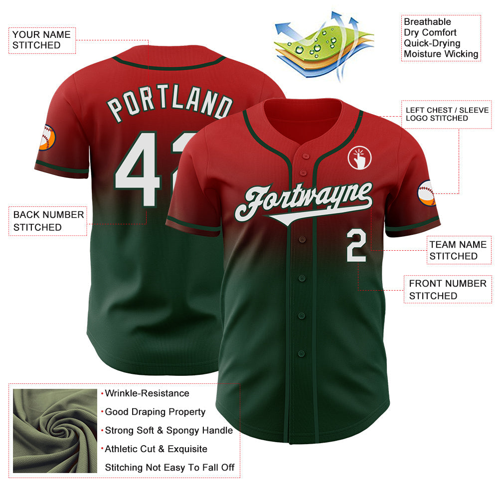 Custom Red White-Green Authentic Fade Fashion Baseball Jersey view 3