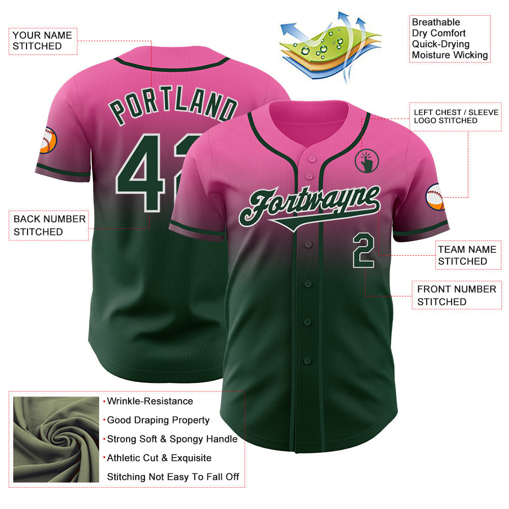 Custom Pink Green-White Authentic Fade Fashion Baseball Jersey view 3
