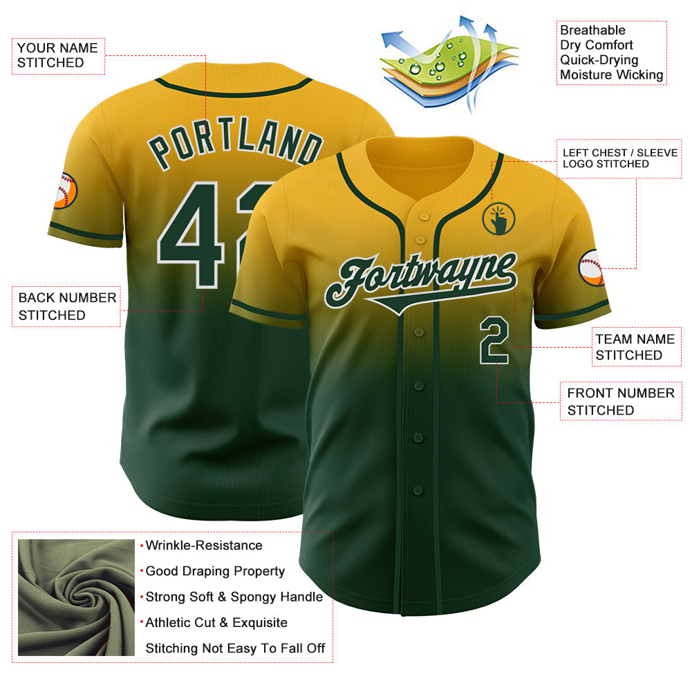 Custom Gold Green-White Authentic Fade Fashion Baseball Jersey view 3