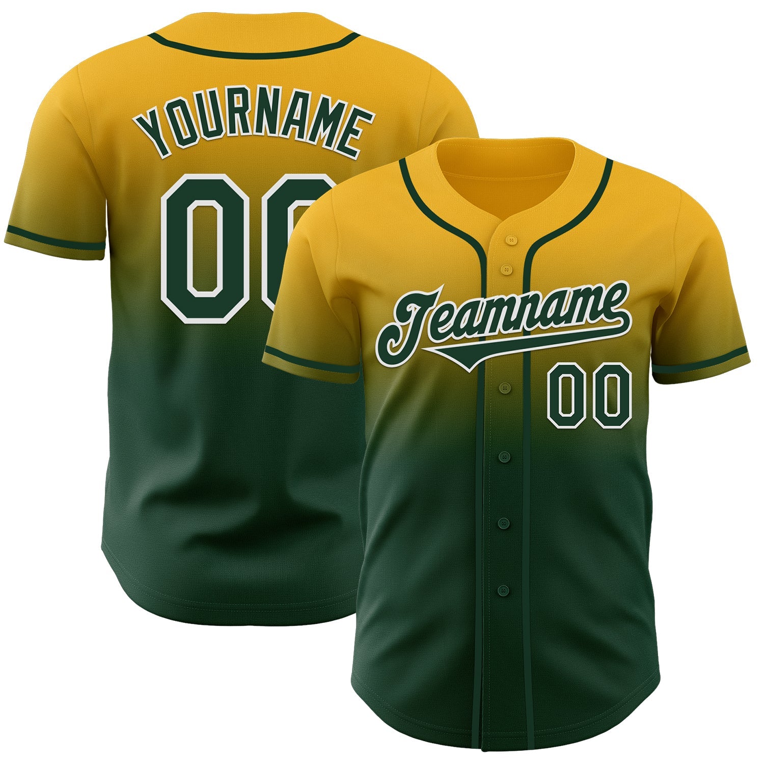 Custom Gold Green-White Authentic Fade Fashion Baseball Jersey - Main View