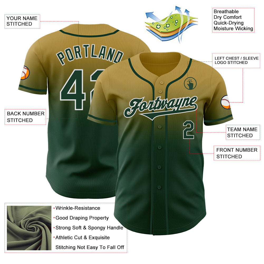 Custom Old Gold Green-White Authentic Fade Fashion Baseball Jersey view 3