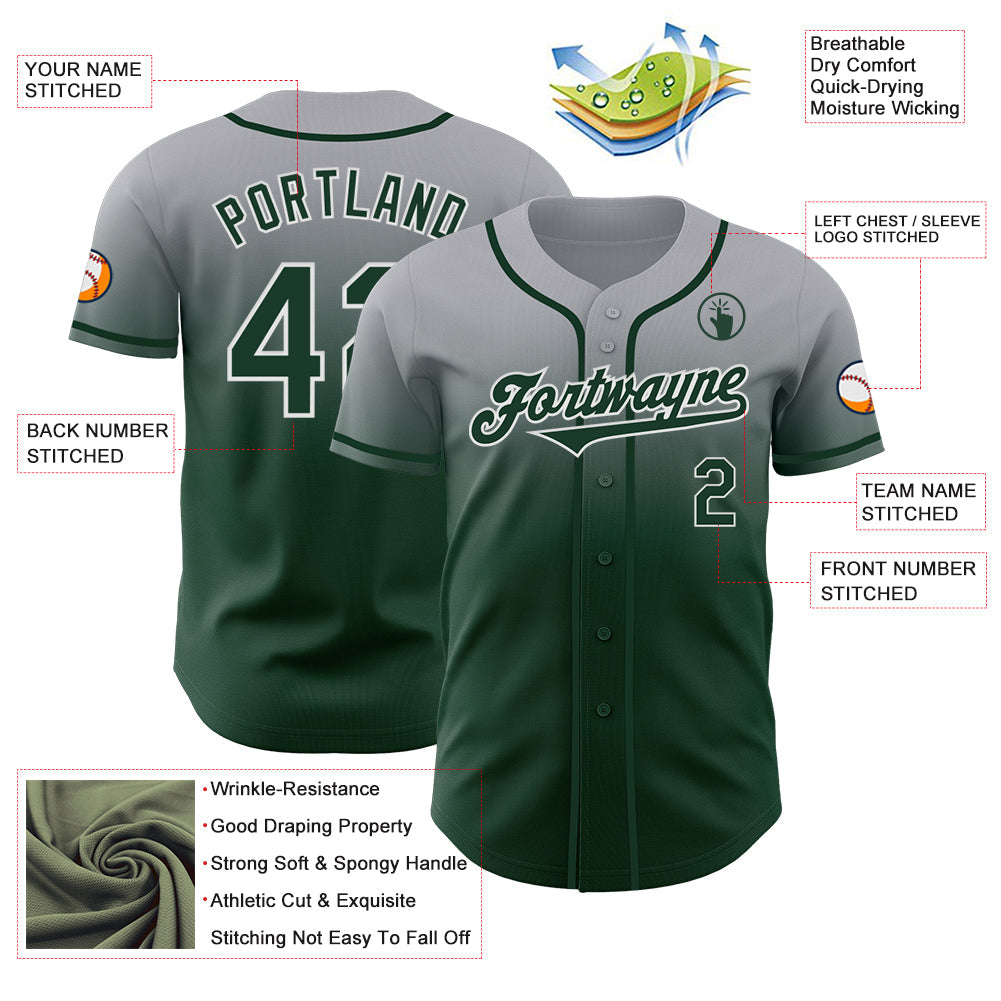 Custom Gray Green-White Authentic Fade Fashion Baseball Jersey view 3