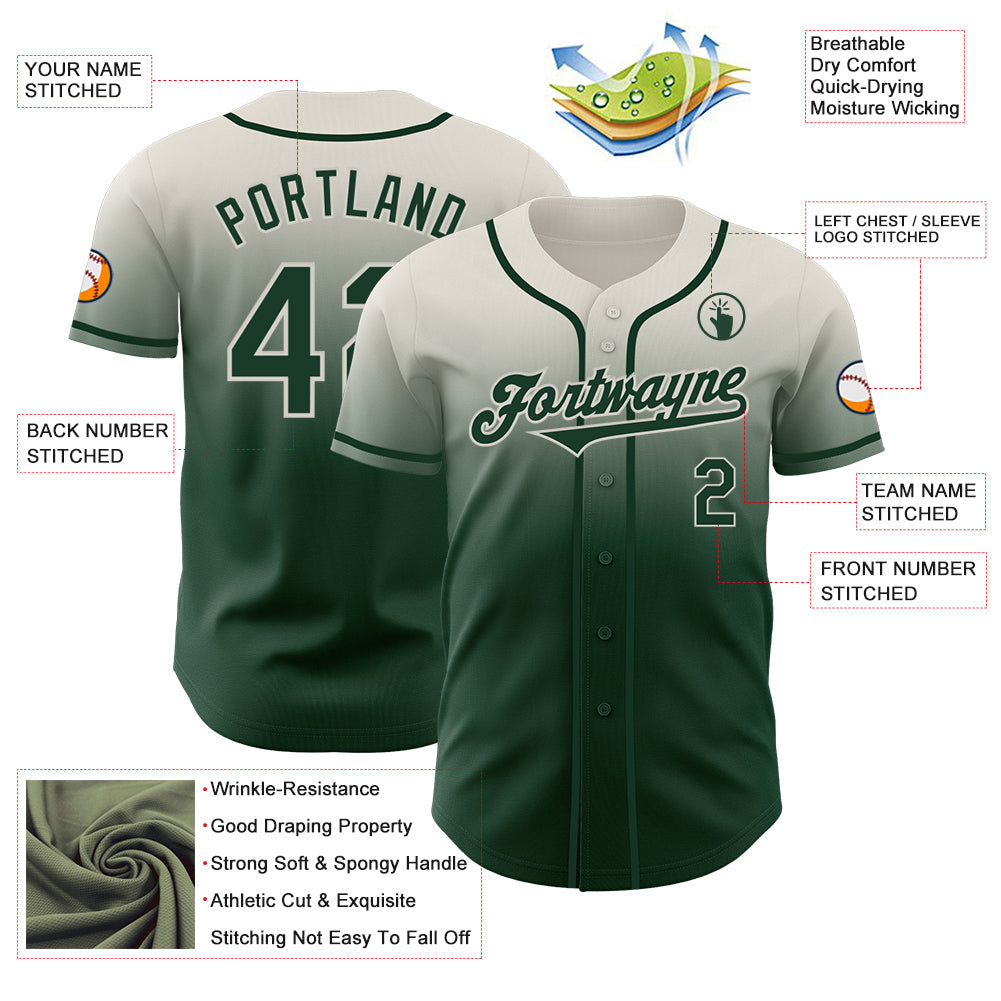 Custom Cream Green Authentic Fade Fashion Baseball Jersey view 3