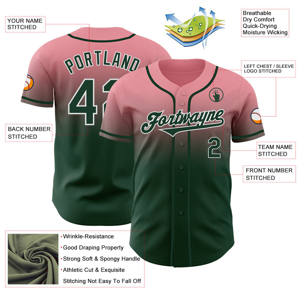 Custom Medium Pink Green-White Authentic Fade Fashion Baseball Jersey view 3