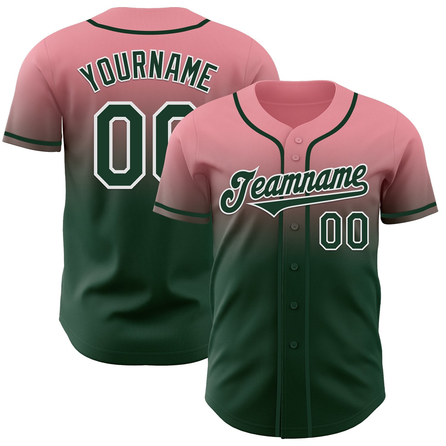 Custom Medium Pink Green-White Authentic Fade Fashion Baseball Jersey - Main View