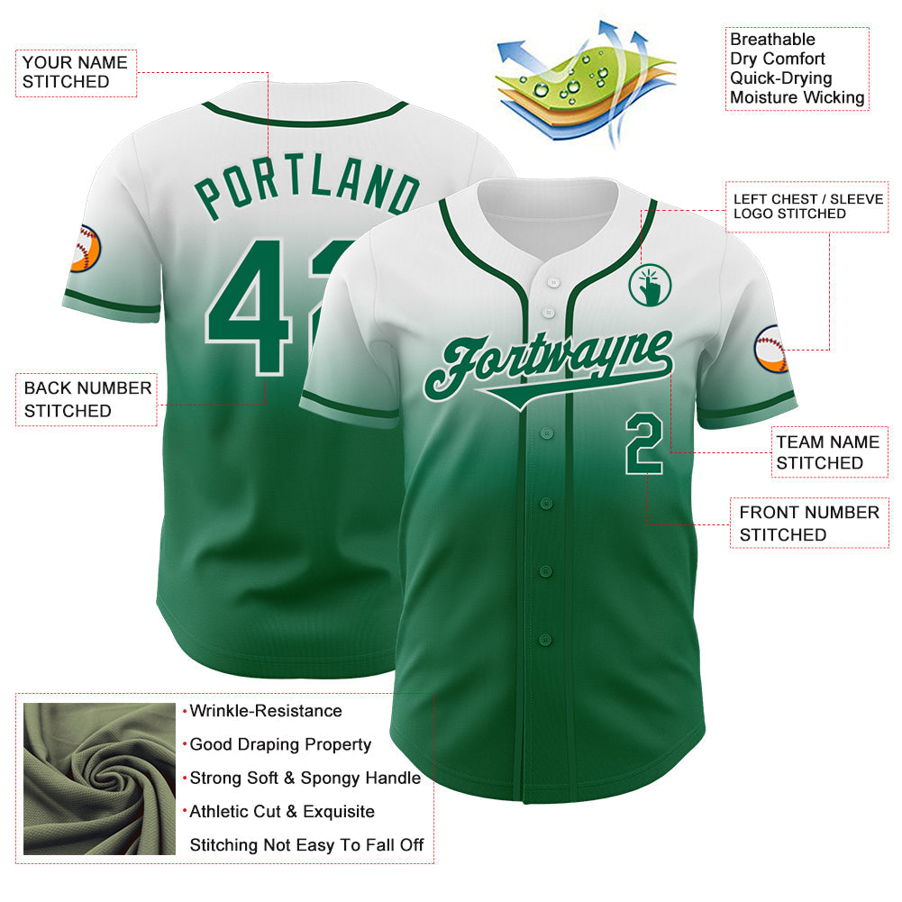 Custom White Kelly Green Authentic Fade Fashion Baseball Jersey view 3