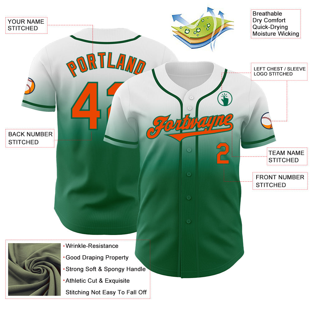 Custom White Orange-Kelly Green Authentic Fade Fashion Baseball Jersey view 3