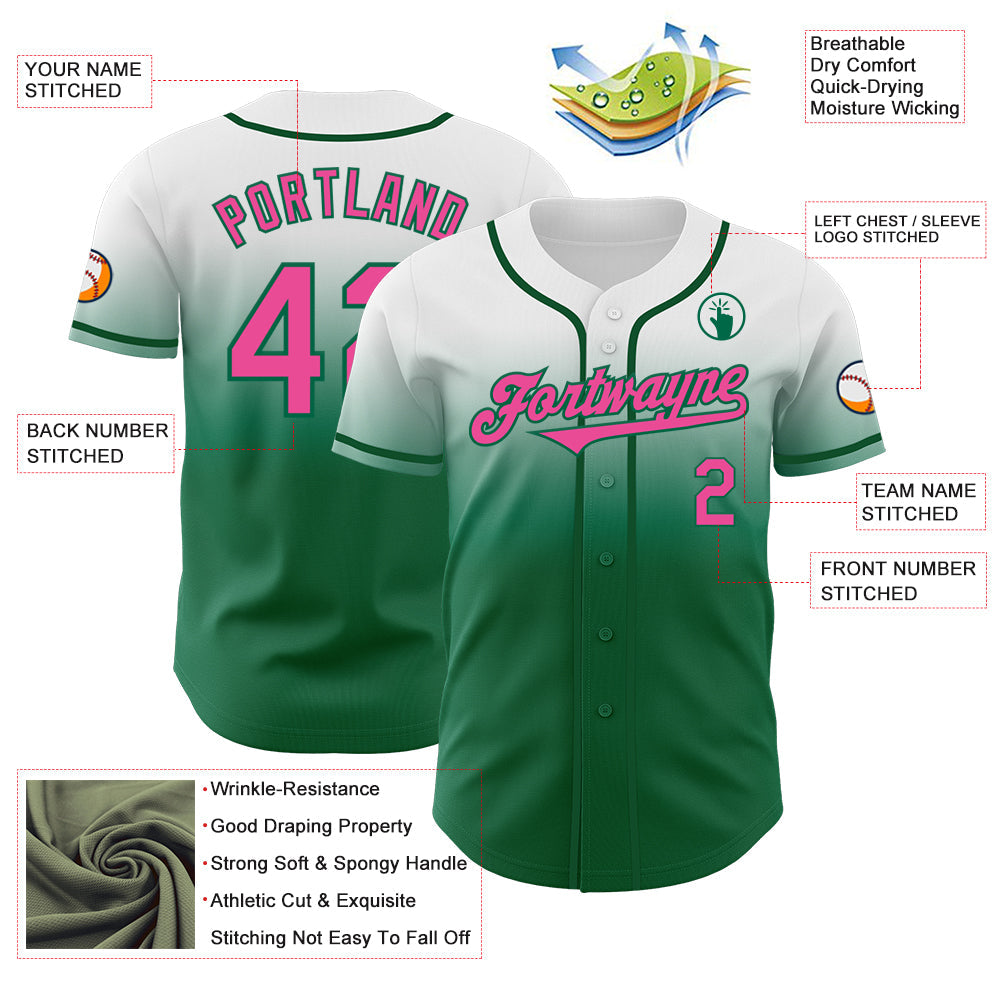 Custom White Pink-Kelly Green Authentic Fade Fashion Baseball Jersey view 3