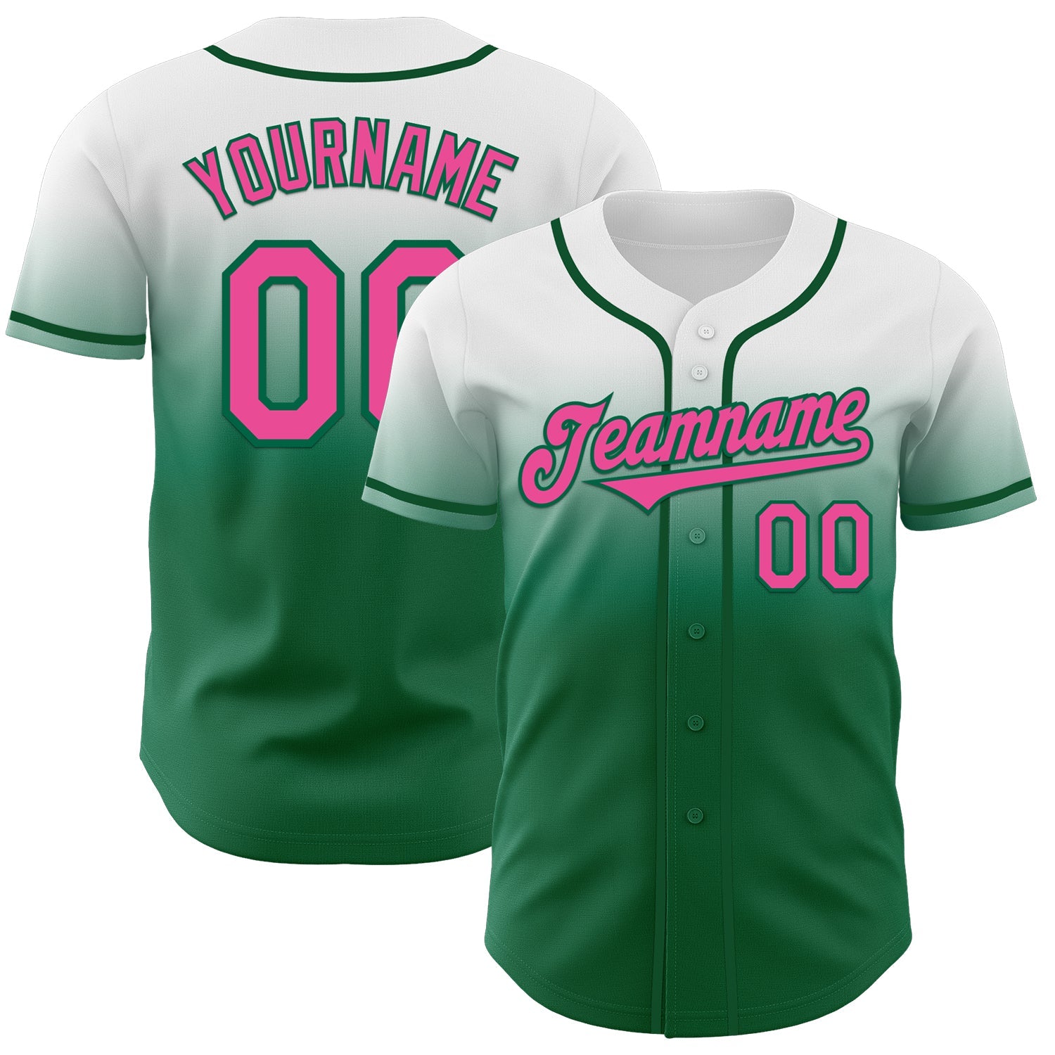 Custom White Pink-Kelly Green Authentic Fade Fashion Baseball Jersey - Main View