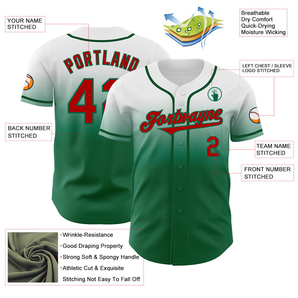 Custom White Red-Kelly Green Authentic Fade Fashion Baseball Jersey view 3