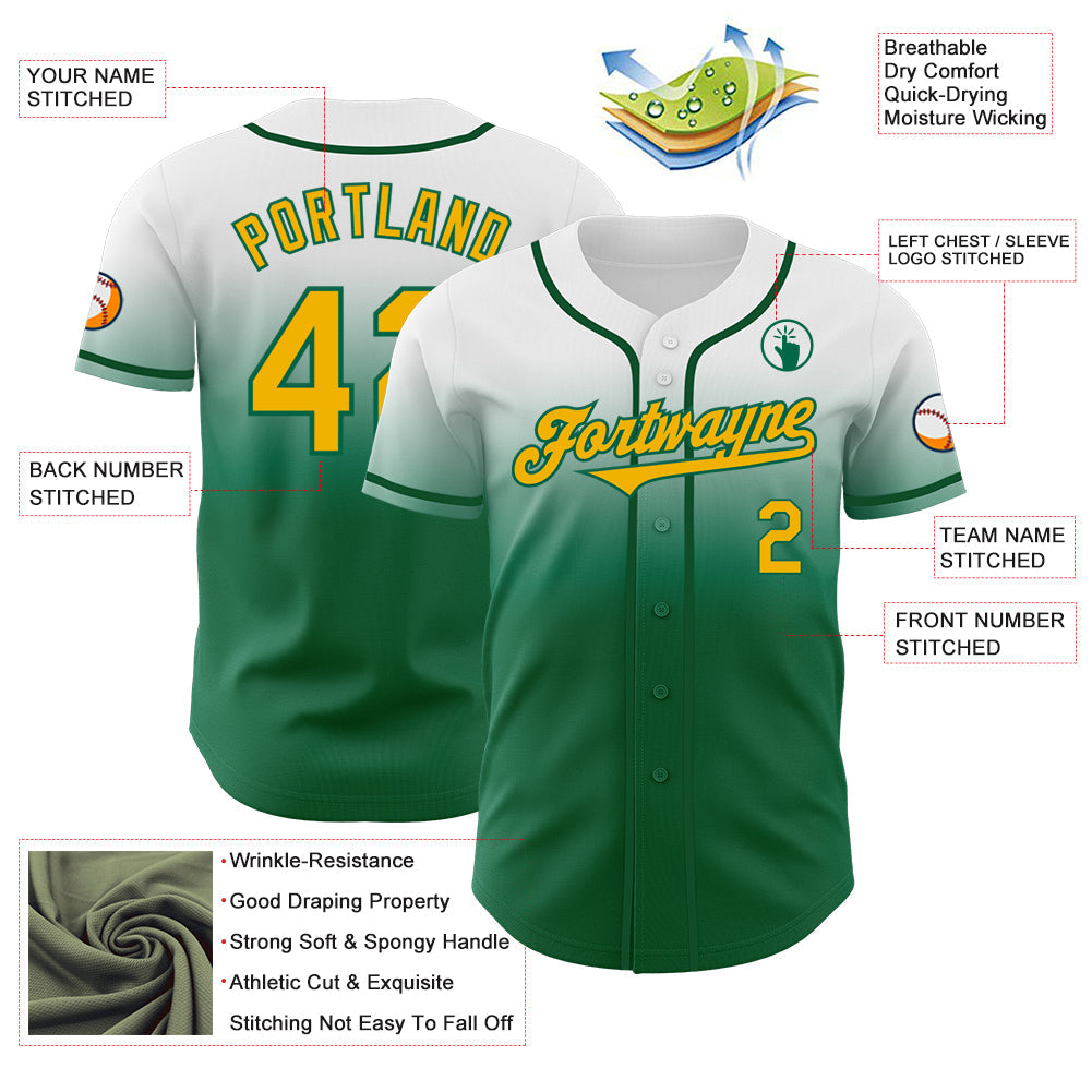 Custom White Gold-Kelly Green Authentic Fade Fashion Baseball Jersey view 3