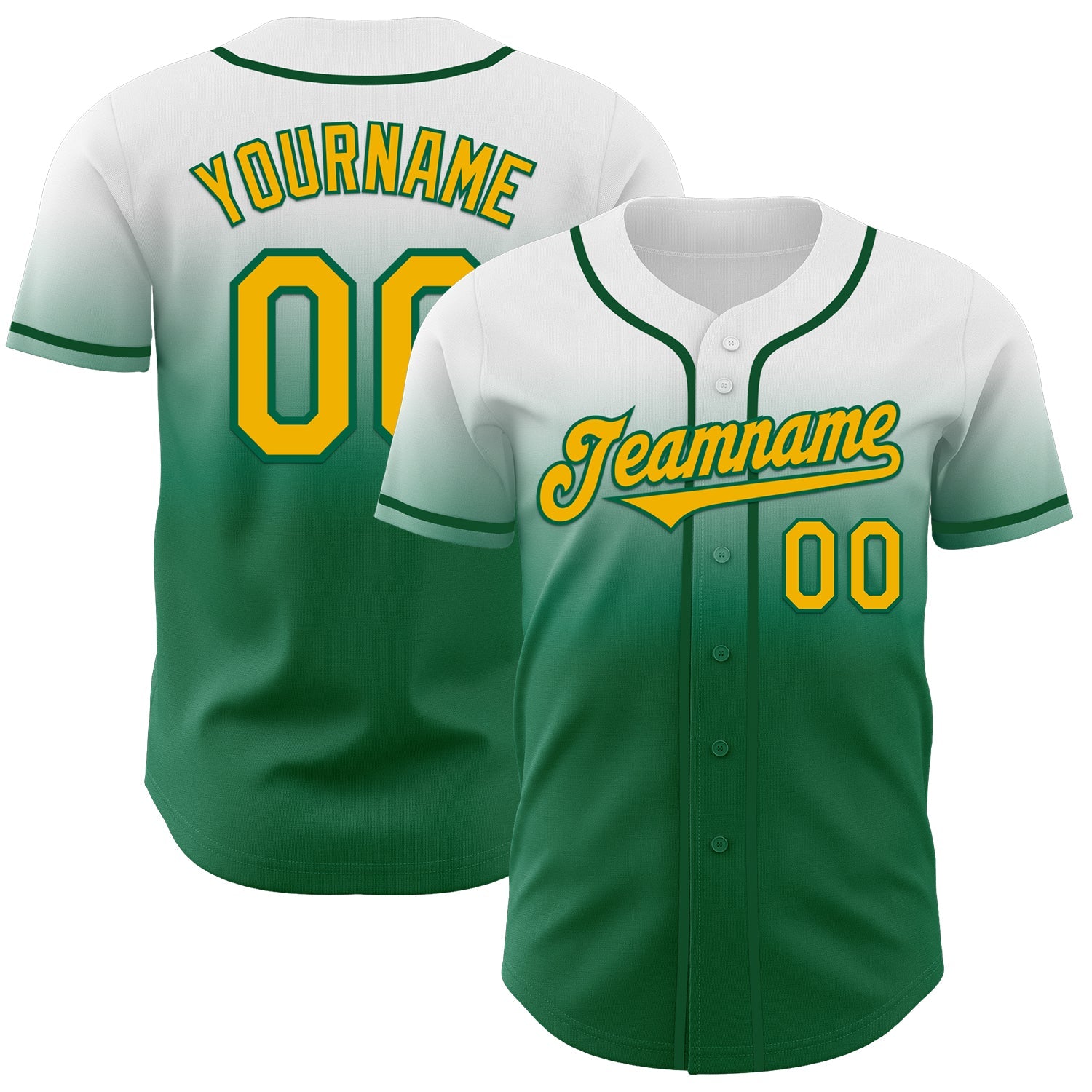 Custom White Gold-Kelly Green Authentic Fade Fashion Baseball Jersey - Main View