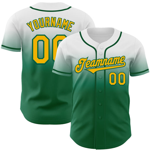 Custom White Gold-Kelly Green Authentic Fade Fashion Baseball Jersey - Main View