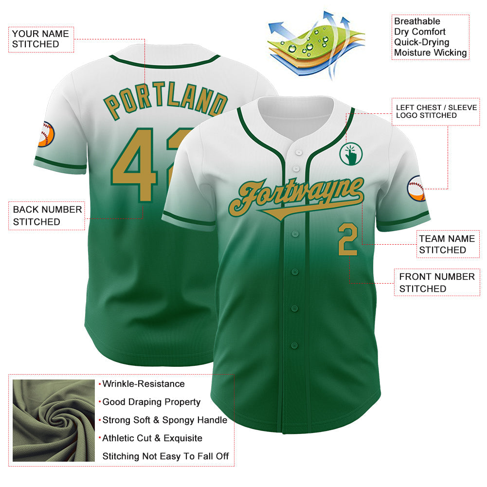 Custom White Old Gold-Kelly Green Authentic Fade Fashion Baseball Jersey view 3