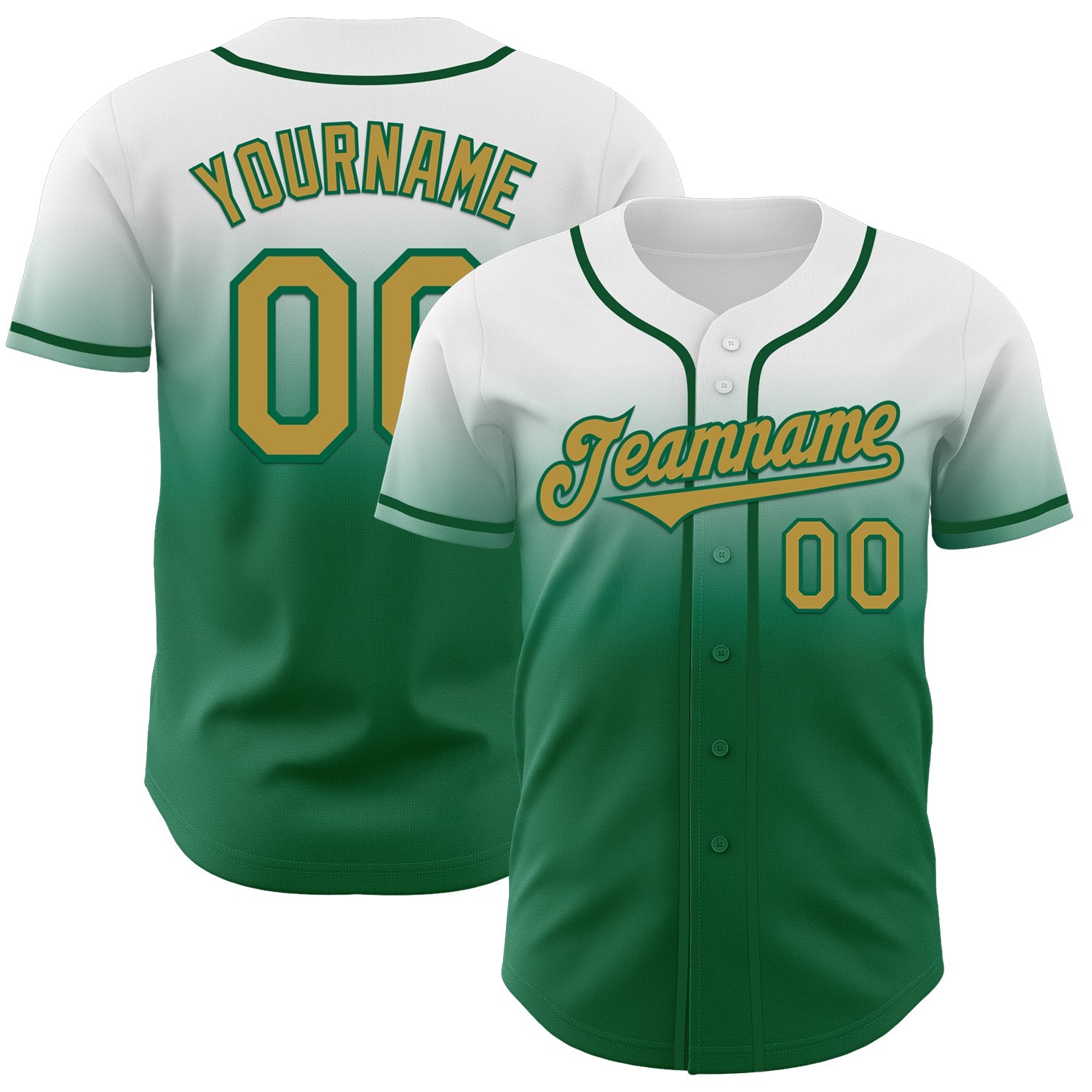 Custom White Old Gold-Kelly Green Authentic Fade Fashion Baseball Jersey - Main View