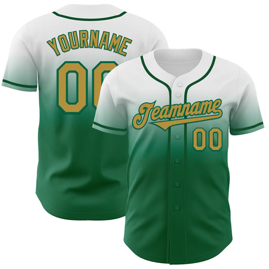 Custom White Old Gold-Kelly Green Authentic Fade Fashion Baseball Jersey - Main View