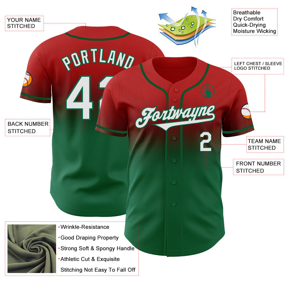 Custom Red White-Kelly Green Authentic Fade Fashion Baseball Jersey view 3