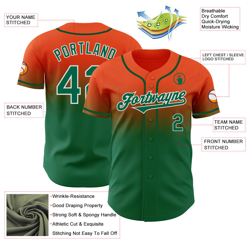 Custom Orange Kelly Green-White Authentic Fade Fashion Baseball Jersey view 3