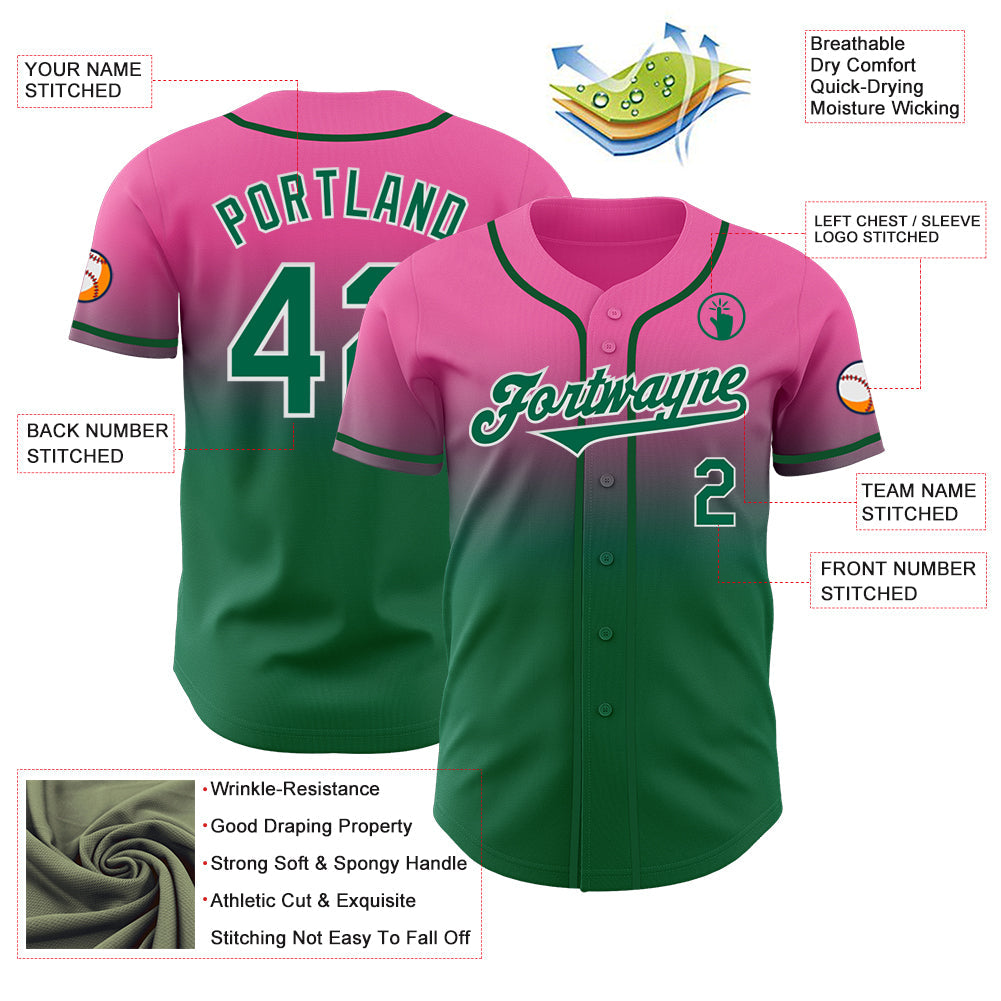 Custom Pink Kelly Green-White Authentic Fade Fashion Baseball Jersey view 3