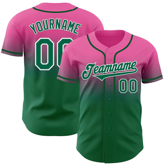 Custom Pink Kelly Green-White Authentic Fade Fashion Baseball Jersey - Main View