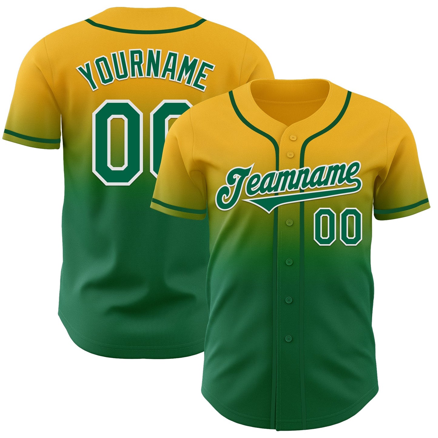 Custom Gold Kelly Green-White Authentic Fade Fashion Baseball Jersey - Main View