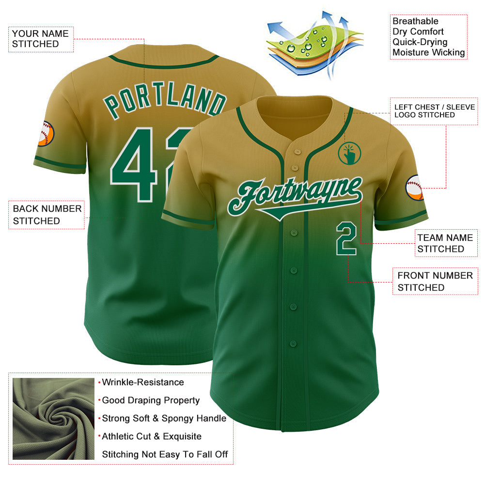 Custom Old Gold Kelly Green-White Authentic Fade Fashion Baseball Jersey view 3