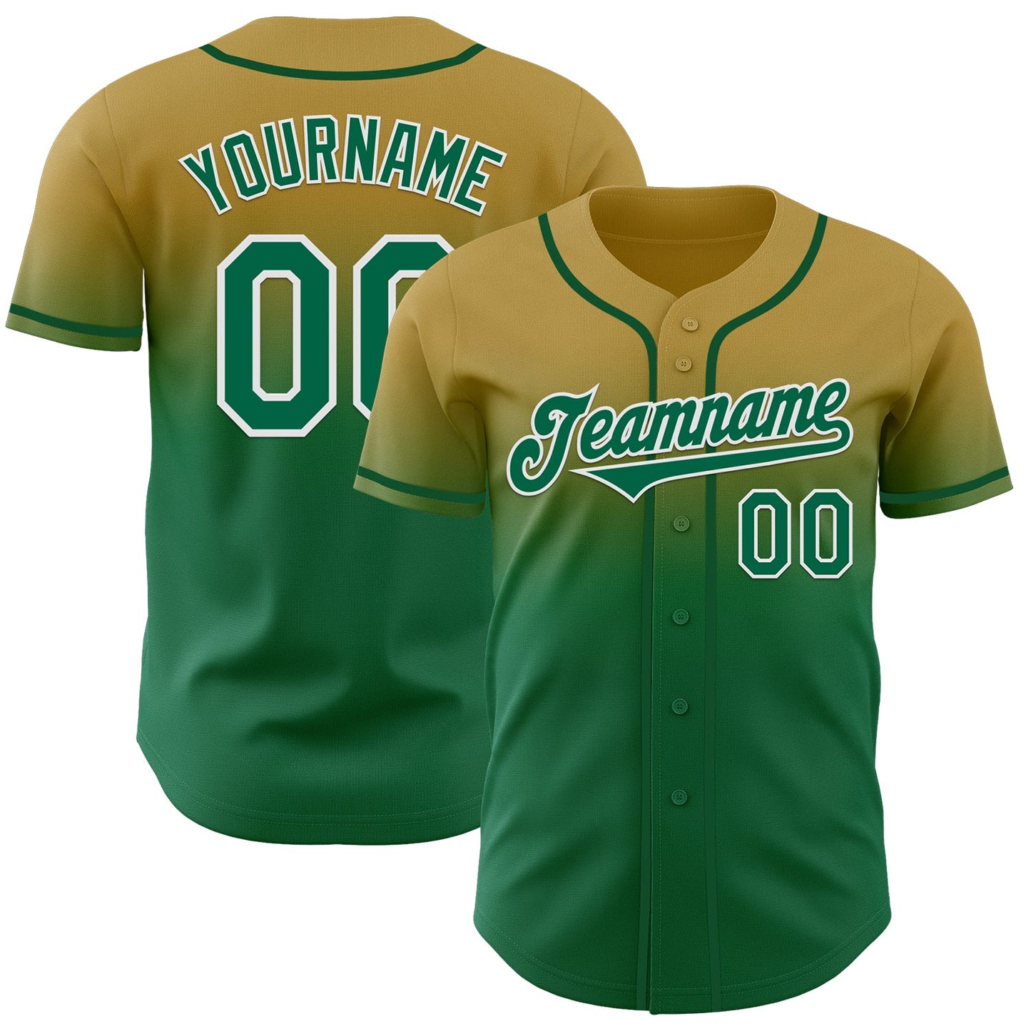 Custom Old Gold Kelly Green-White Authentic Fade Fashion Baseball Jersey - Main View