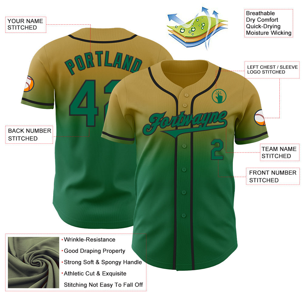 Custom Old Gold Kelly Green-Black Authentic Fade Fashion Baseball Jersey view 3