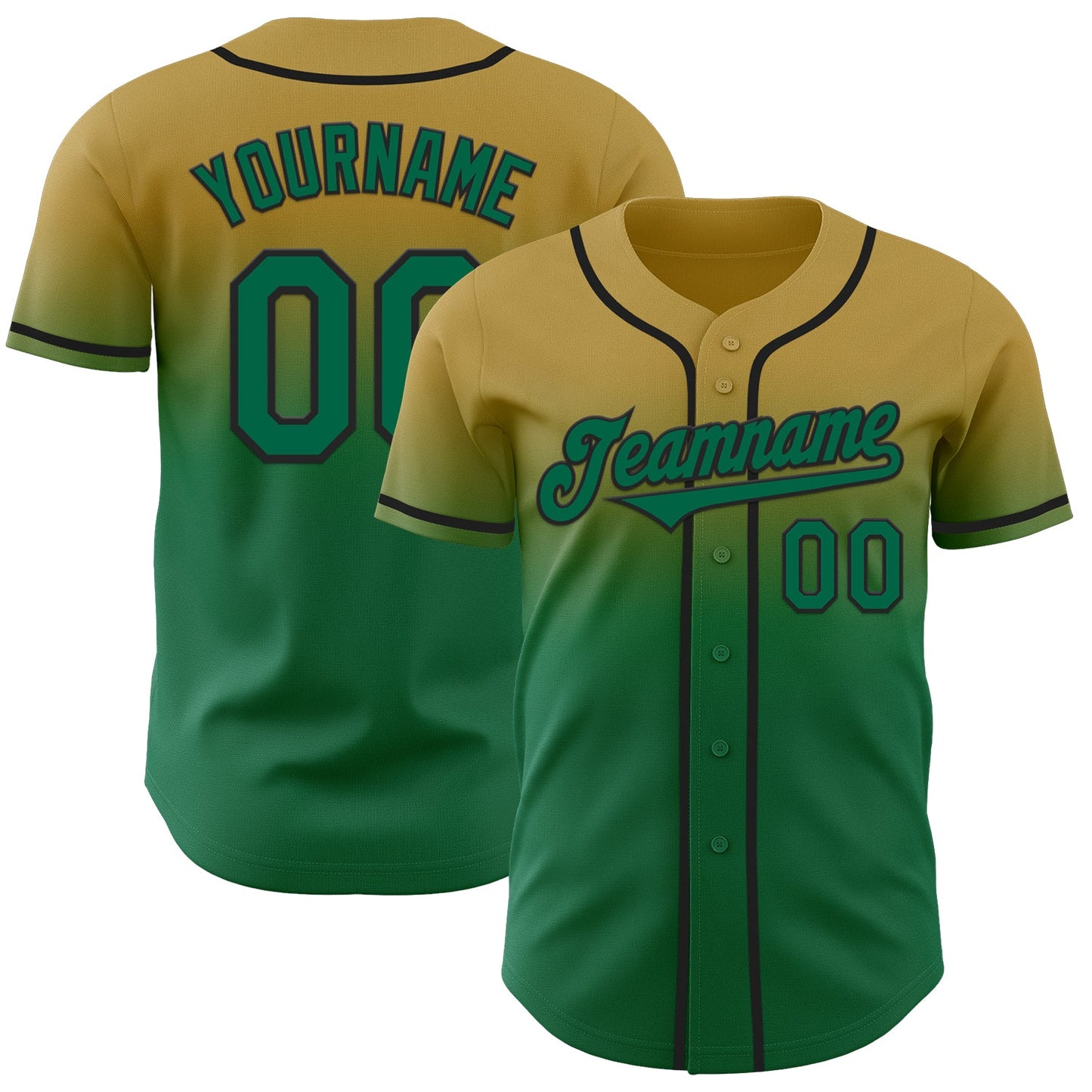 Custom Old Gold Kelly Green-Black Authentic Fade Fashion Baseball Jersey - Main View
