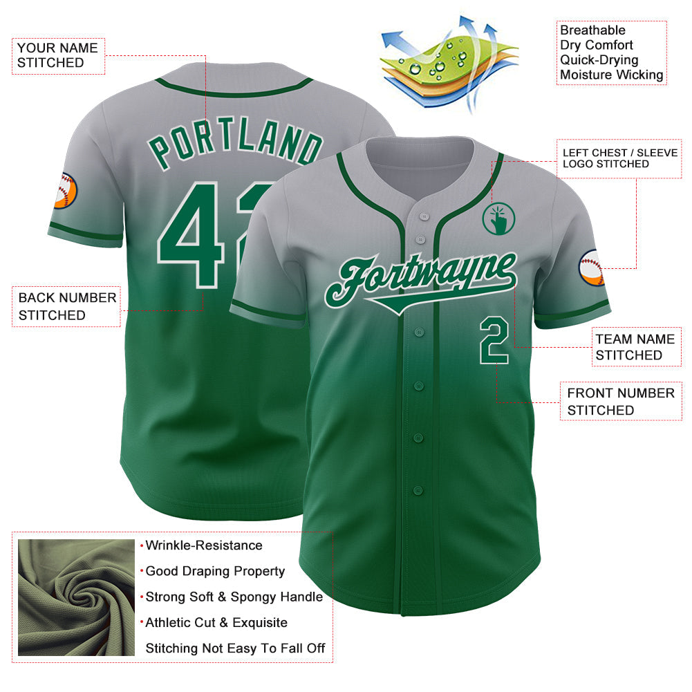 Custom Gray Kelly Green-White Authentic Fade Fashion Baseball Jersey view 3
