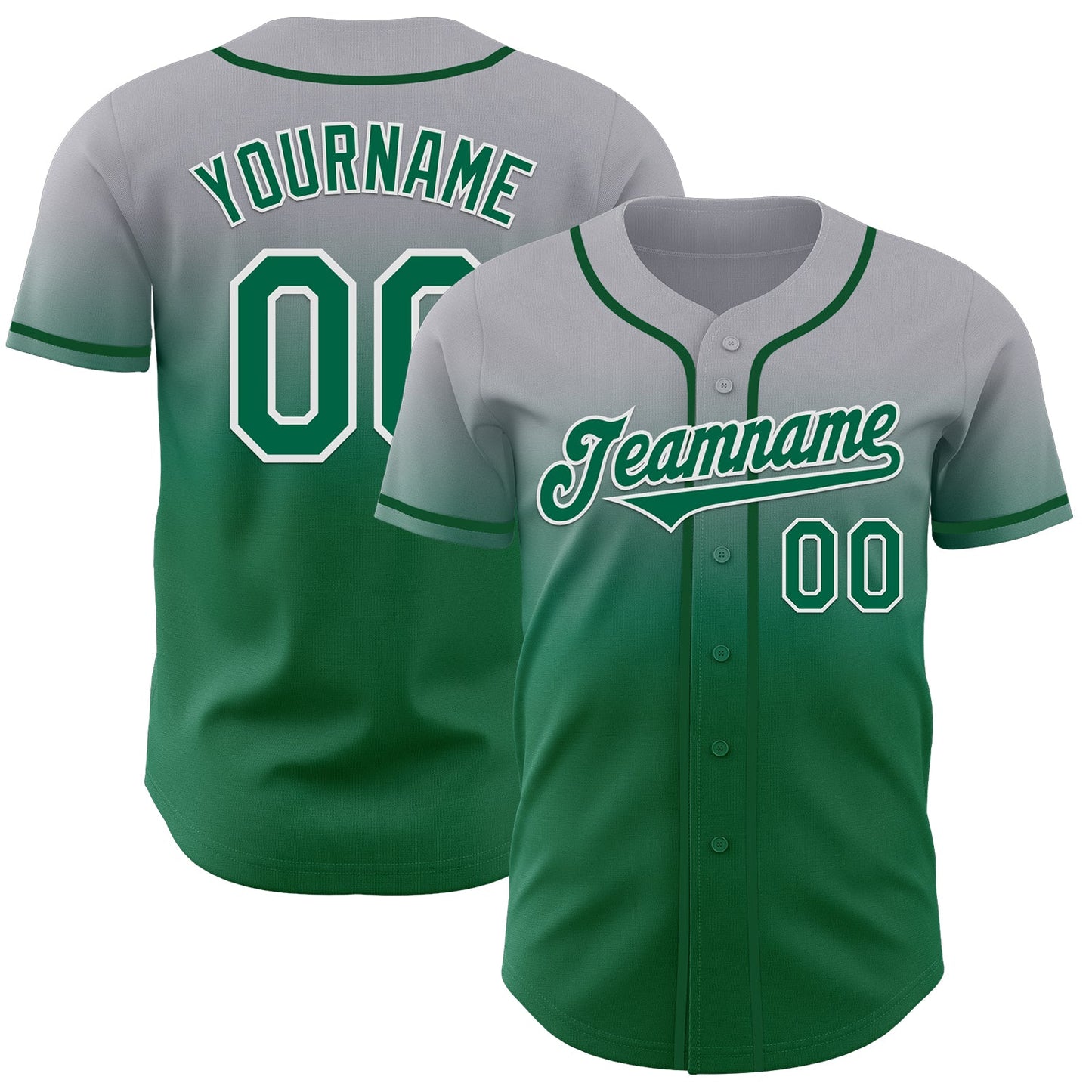 Custom Gray Kelly Green-White Authentic Fade Fashion Baseball Jersey - Main View