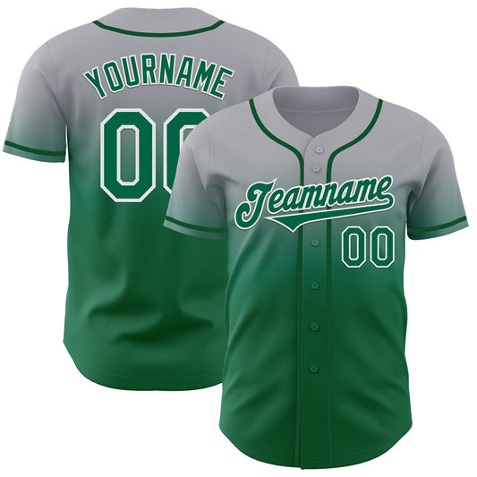 Custom Gray Kelly Green-White Authentic Fade Fashion Baseball Jersey - Main View