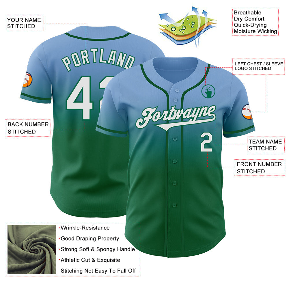 Custom Light Blue White-Kelly Green Authentic Fade Fashion Baseball Jersey view 3