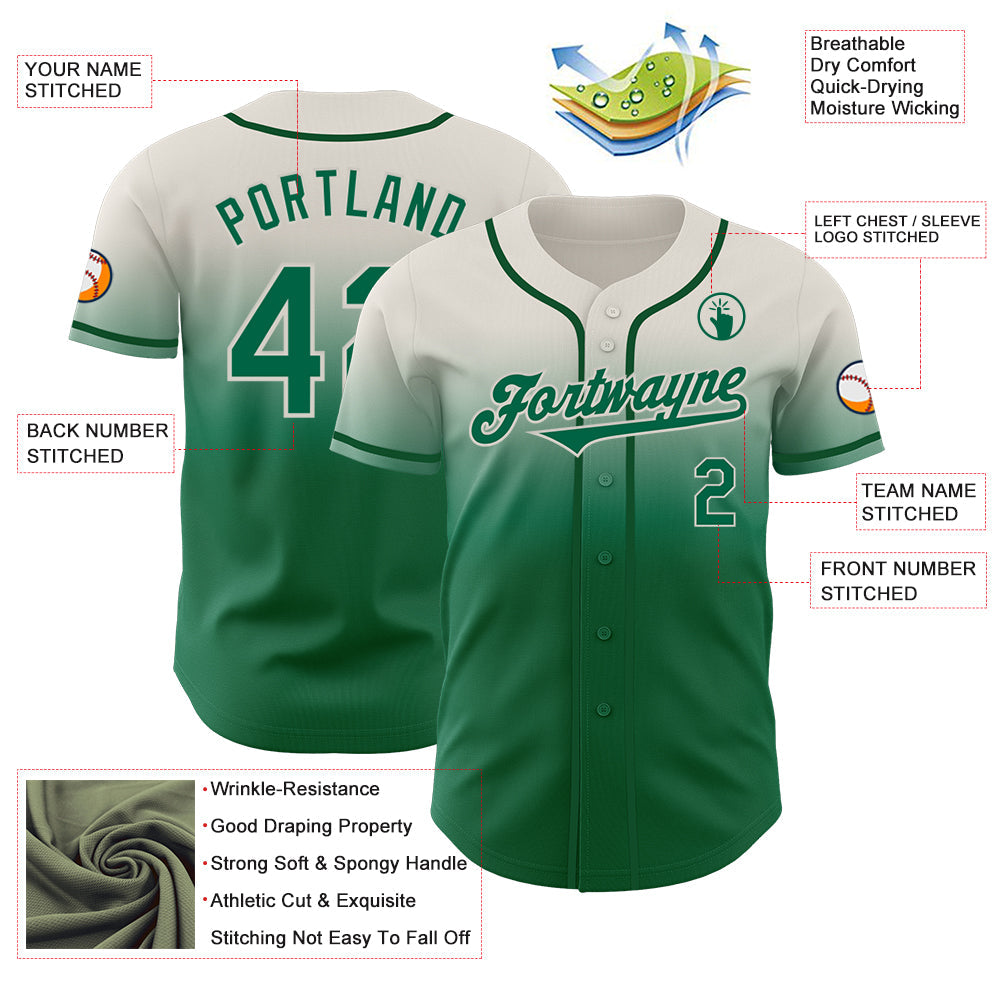 Custom Cream Kelly Green Authentic Fade Fashion Baseball Jersey view 3