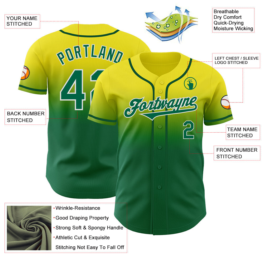 Custom Light Yellow Kelly Green-White Authentic Fade Fashion Baseball Jersey view 3