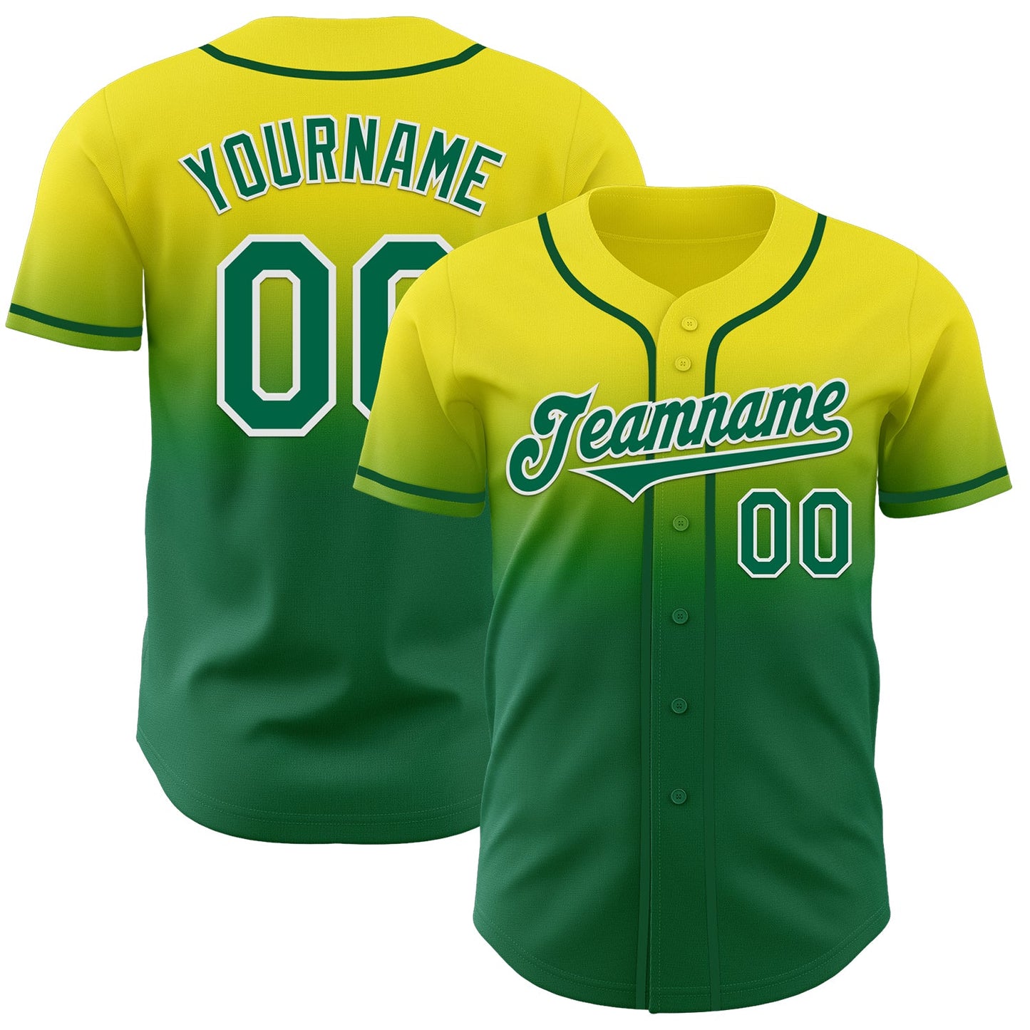 Custom Light Yellow Kelly Green-White Authentic Fade Fashion Baseball Jersey - Main View