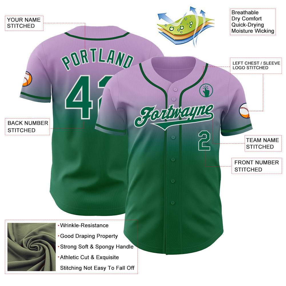 Custom Light Purple Kelly Green-White Authentic Fade Fashion Baseball Jersey view 3
