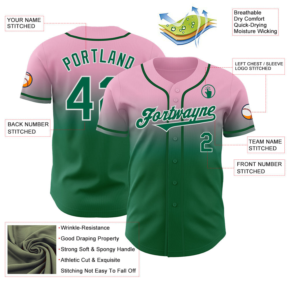 Custom Light Pink Kelly Green-White Authentic Fade Fashion Baseball Jersey view 3