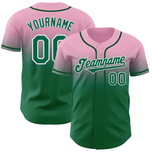 Custom Light Pink Kelly Green-White Authentic Fade Fashion Baseball Jersey - Main View