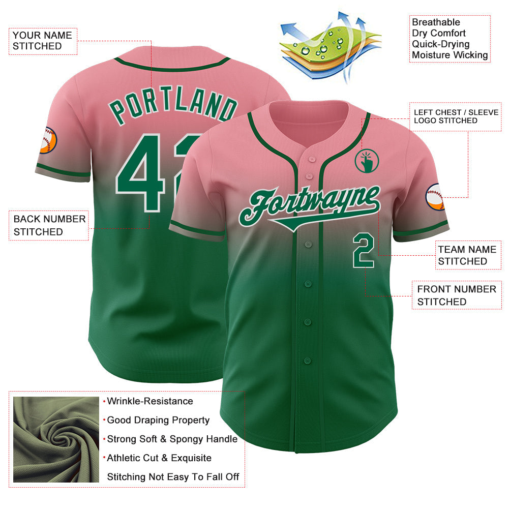 Custom Medium Pink Kelly Green-White Authentic Fade Fashion Baseball Jersey view 3