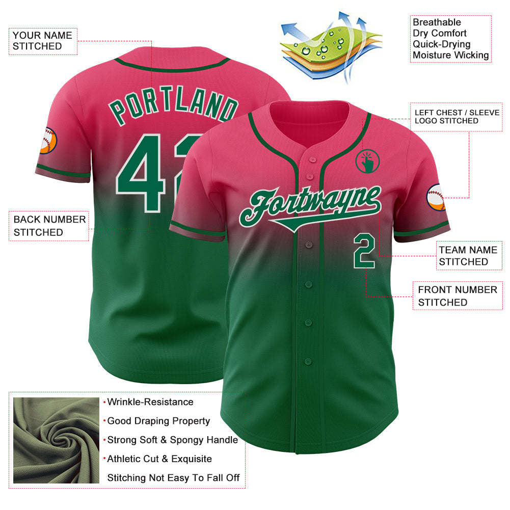 Custom Neon Pink Kelly Green-White Authentic Fade Fashion Baseball Jersey view 3