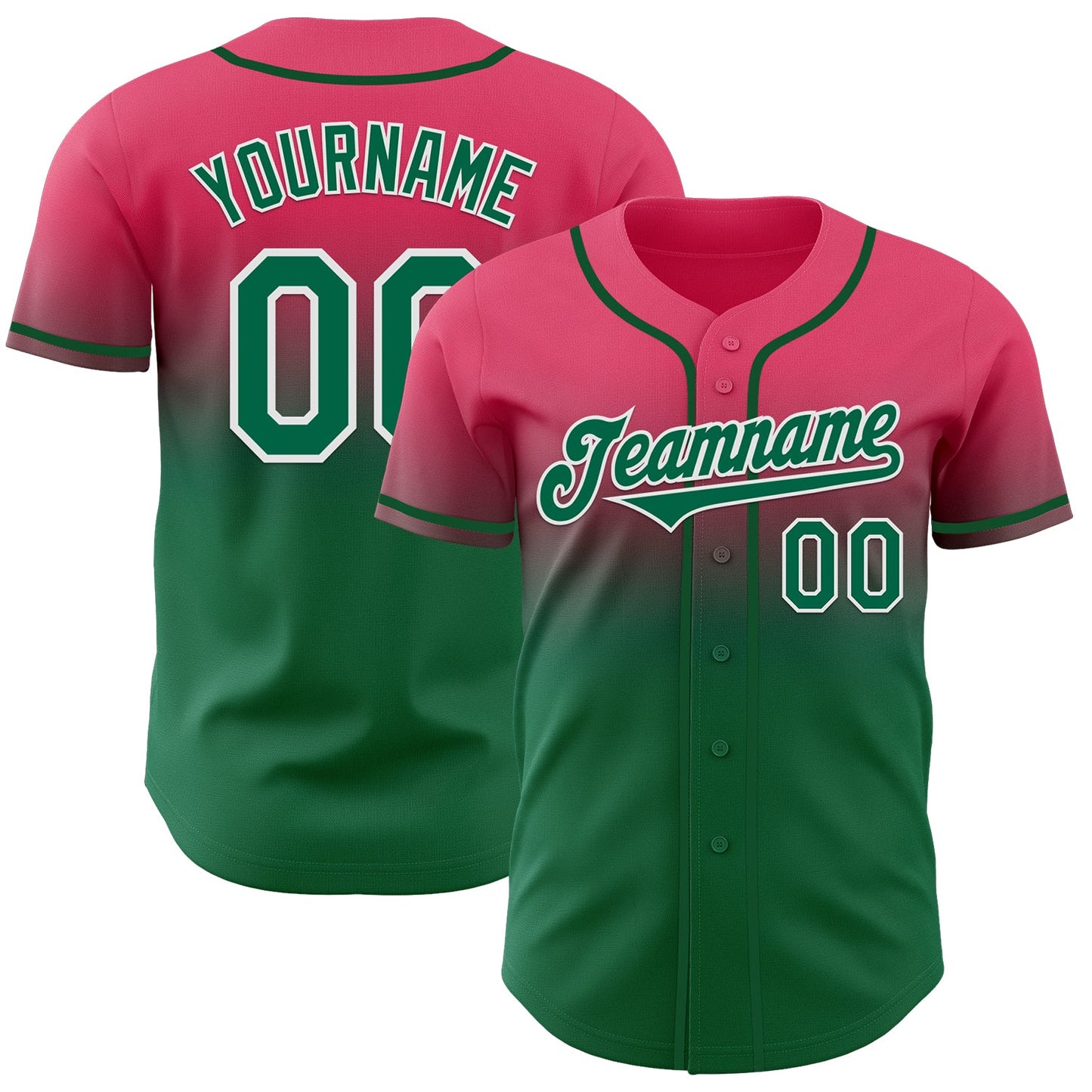 Custom Neon Pink Kelly Green-White Authentic Fade Fashion Baseball Jersey - Main View